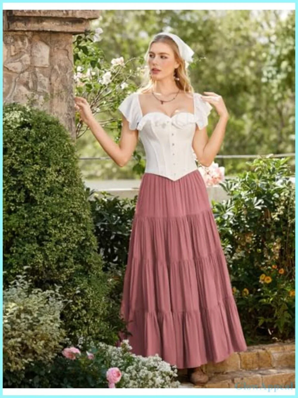 Flowy Tiered Maxi Skirt with Pockets, Elastic High Waist, Renaissance Boho